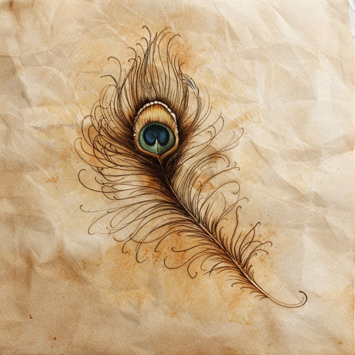 Rustic peacock feather tattoo sketch in earth tones and naturalistic style