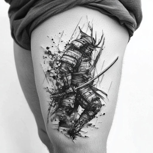 Thigh tattoo sketch featuring a grayscale samurai warrior