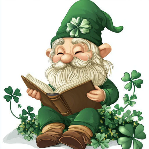 St. Patrick's Day gnome reading a book in cartoon style