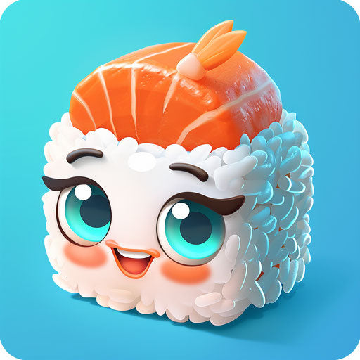 Cute sushi roll on blue background for kids app