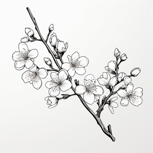 Black and white blossom tree branch cartoon in Japanese style