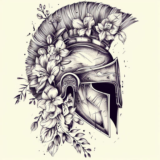 Sketch of majestic spartan helmet tattoo with intricate floral patterns