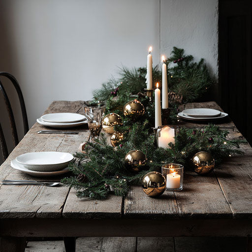 Rustic wooden table with Christmas balls and candles