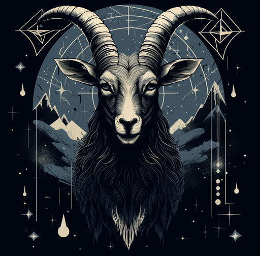 Goat with moon and geometric shapes, alchemical style
