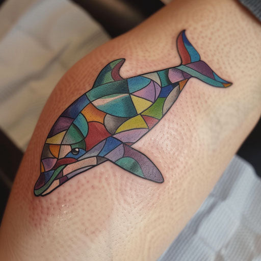 Vibrant dolphin tattoo on white background
