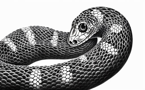 Black and white ink drawing of a snake, animated style, photorealistic accuracy