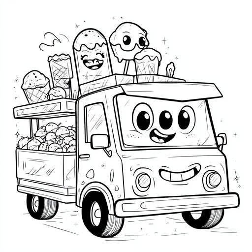 Cartoon ice cream truck with funny characters, coloring book page