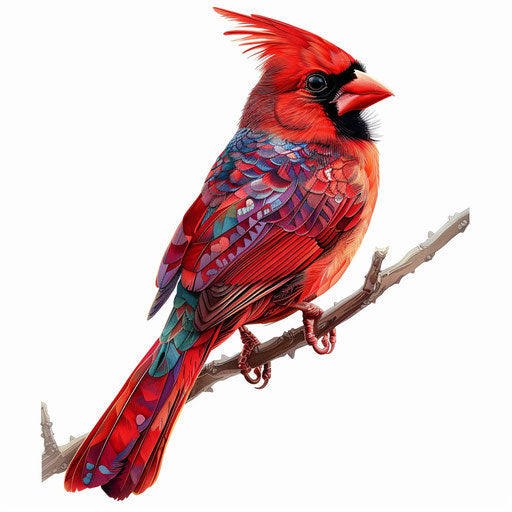 Realistic cardinal clipart on flat and white background, vibrant hues and intricate patterns