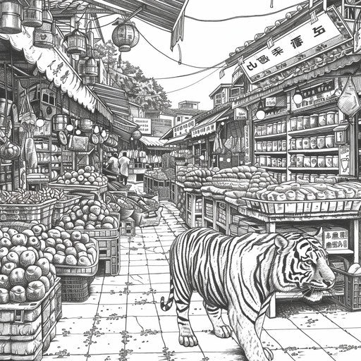 Detailed market scene with a tiger wandering through, Stephen Wiltshire style, coloring book page