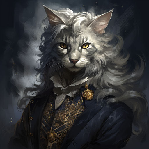 Gray and white cat, masculine, luxurious, exaggerated features