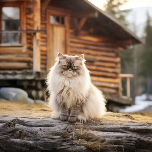 Himalayan cat in front of a log cabin
