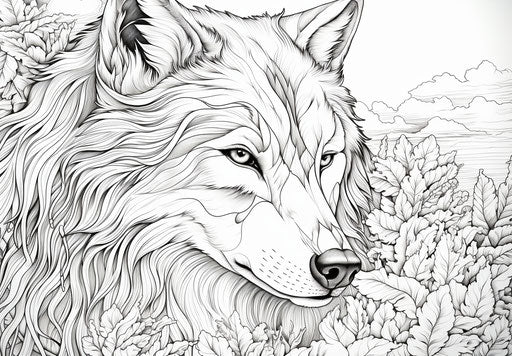 Wolf coloring pages, in the style of captivating colorscapes