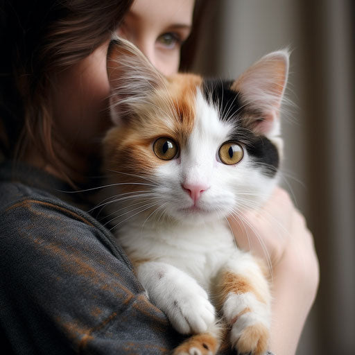 Calico cat being held by owner