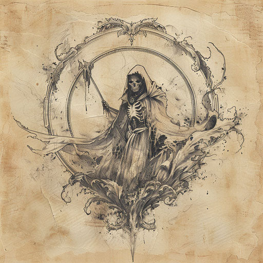 Medieval inspired tattoo sketch of a reaper death seal