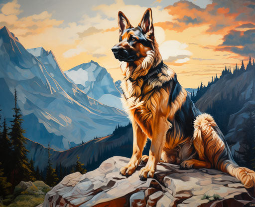 Puppy German Shepherd on Mount Follis in alpine landscape