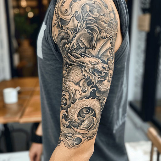 Mythical beasts sleeve tattoo in the style of Glenn Fabry