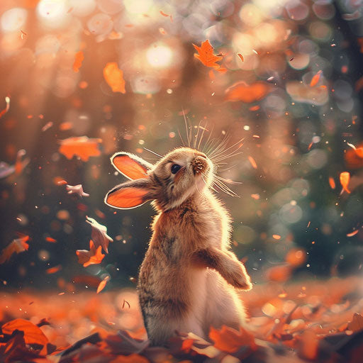 A bunny playing with falling leaves in the style of Ashraful Arefin