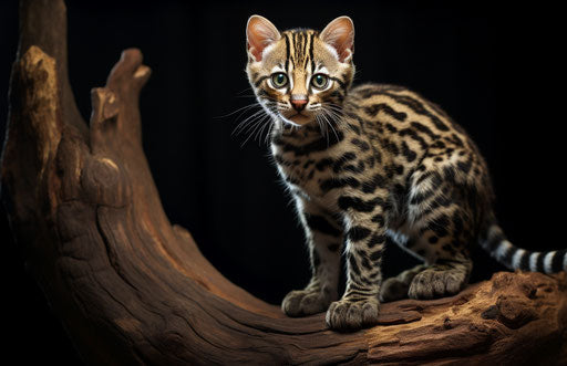 A leopard cat walking on a tree stump