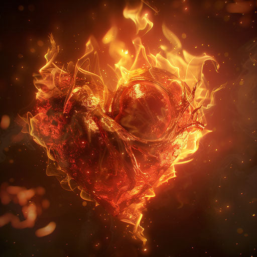 A heart ablaze in flames, emotionally complex and vibrant cartoonish style, light red and light gold, drugcore, made of all the above, masculine, #screenshotsaturday