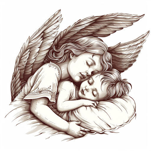 Guardian angel watching over a sleeping child, with tender details, suitable for a tattoo, on a white backdrop.