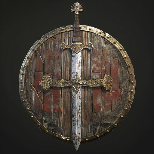 Medieval sword and shield, in the style of Adrian Smith