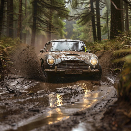 Muddy rally Aston Martin DB6 racing through tough forest trail