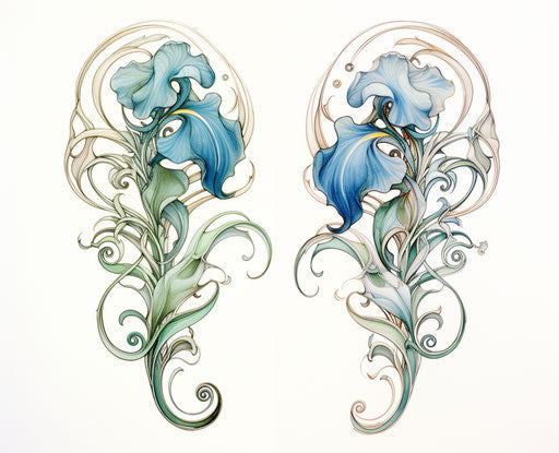 Two blue flowers inked on the flower, light white and green style