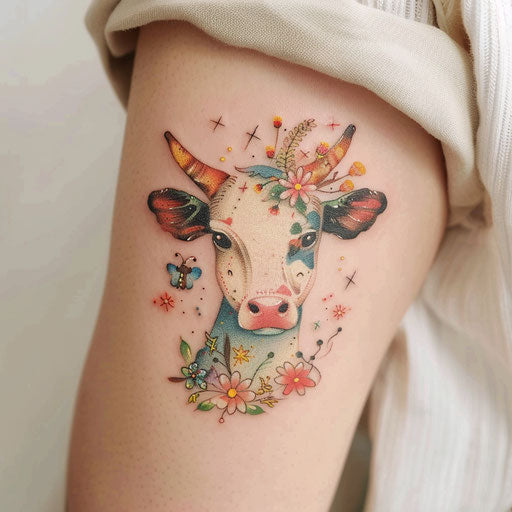 Whimsical fairy tale cow tattoo with magical motifs and pastel colors, on white background.