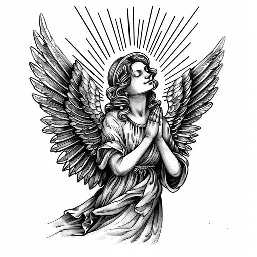 Guardian angel in prayer, detailed tattoo on white background