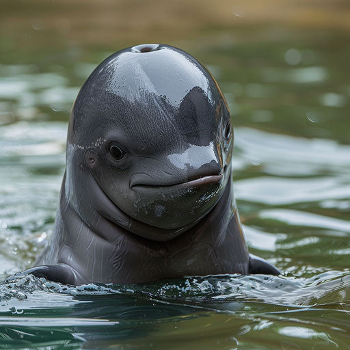 Close-up of a Yangtze finless porpoise showcasing its unique smile in the clear flowing waters of the river.