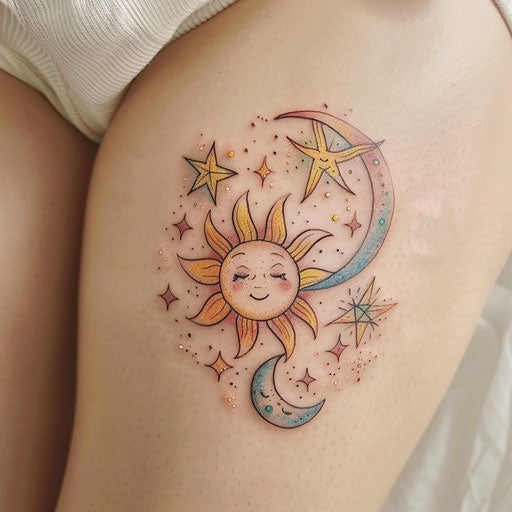 Charming tattoo sketch of a sun and moon with stars, pastel color palette