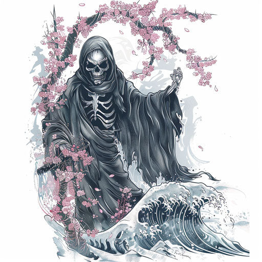 Japanese style reaper tattoo with waves and cherry blossoms