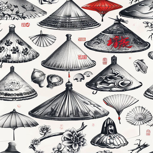 Traditional Chinese hats, tattoo designs on white poster