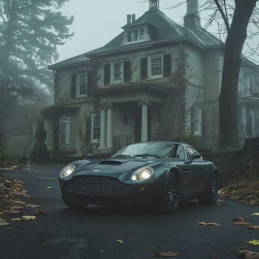 Ghostly Aston Martin DB7 Zagato haunting a foggy mansion driveway