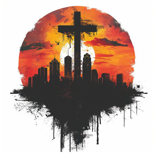 Silhouetted cross against a sunset skyline