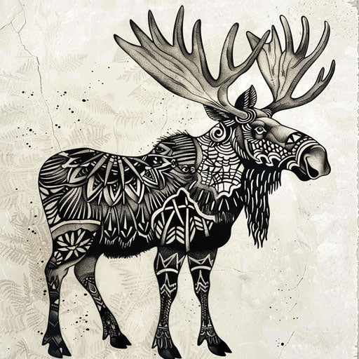 Flat sketch of a moose with a textured look like an old woodcut print