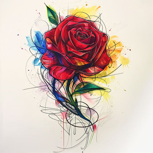 Whimsical sketch of a red rose with cartoonish lines and bright colors