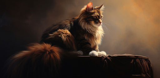 A cat sitting on a scratcher, dignified pose, dark amber and brown, dream-like quality