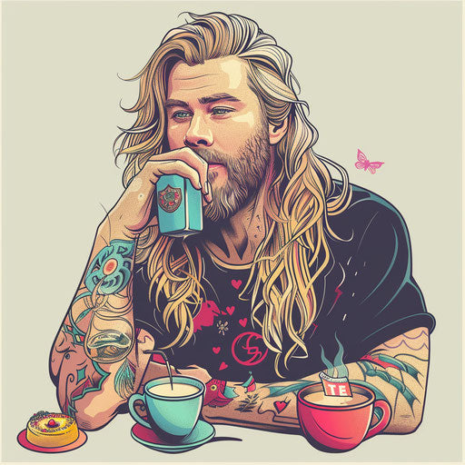 Cheerful sketch of tattooed Thor in a casual setting