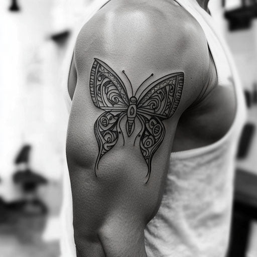 Butterfly tattoo on a man's bicep with tribal wings