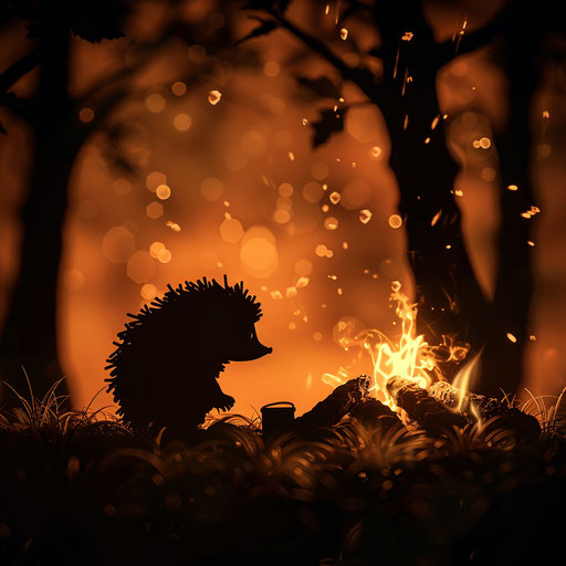Hedgehog by campfire in the night