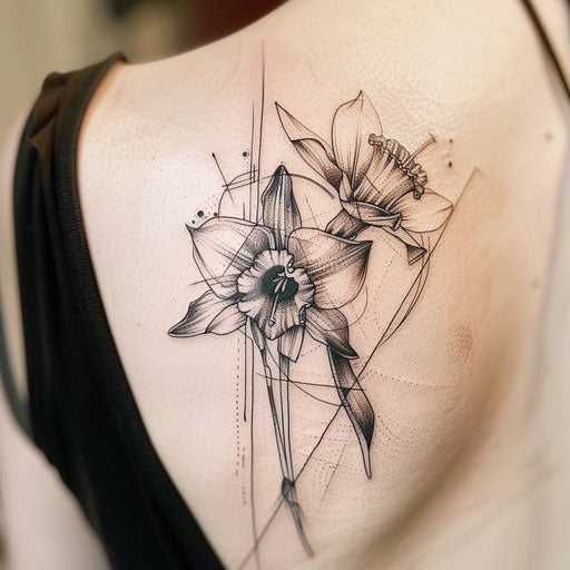 Cubist interpretation of a narcissus flower tattoo, fragmented shapes on white canvas.