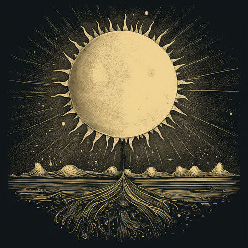 Vintage-style moon with sun rays, optical illusions