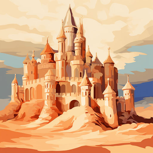 Sandcastle in Impressionistic Art style, on white background