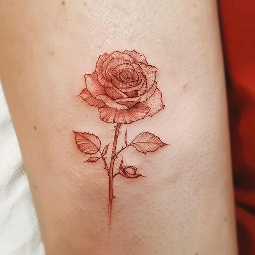 Minimalist tattoo sketch of a red rose with a single continuous line and subtle gradient