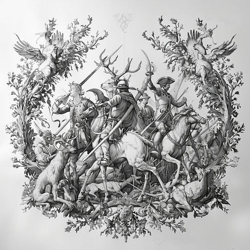 Medieval hunt etching style tattoo on white background
