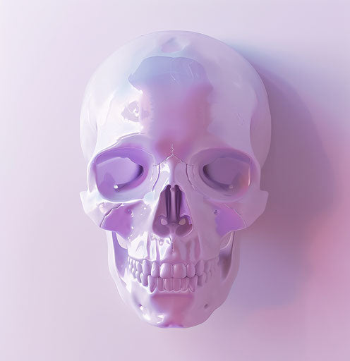 Skull on white background, iridescent, dark white & light purple