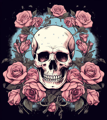 Skull and roses with tattoos in delicate shading style
