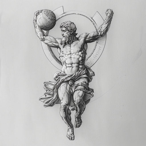 Mythical flat tattoo sketch of Atlas balancing the world