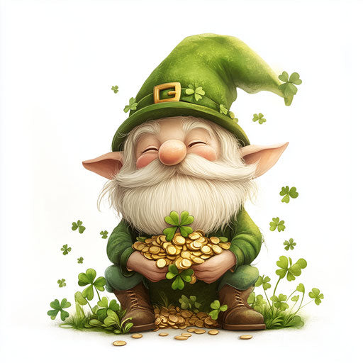 St. Patrick's Day, gnome with hat full of clovers and gold